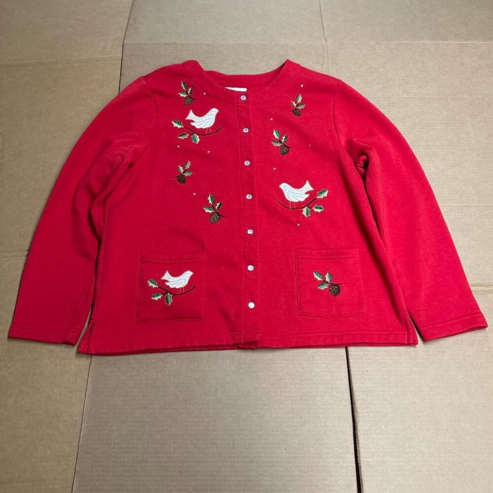 Vintage Y2K Breckenridge Holiday Cardigan Embroidered Birds Red PXL